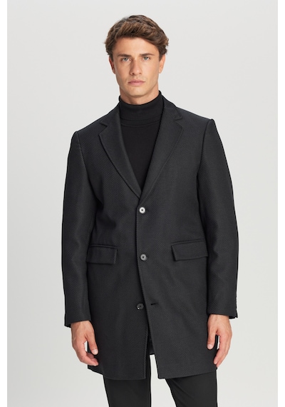 AC&Co / Altınyıldız Classics Erkek Sıyah Standart Fit Normal Kesim Mono Yaka Armürlü Kapak Cepli Palto Siyah