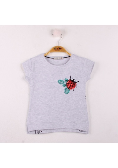 Toontoy Kids Kız Çocuk Tişört Uğur Böceği Nakışlı Gri Melanj