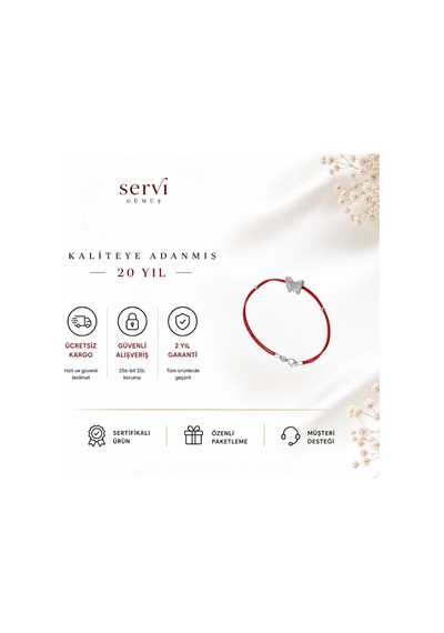 Servi 925 Ayar Gümüş Kırmızı İpli Kelebek Figürlü Şans Bilekliği-415