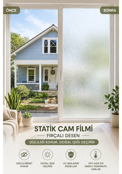 Deconitte Statik Cam Filmi Fırçalı Desen Yapışkansız Buzlu Cam Ve Duşakabin Kaplama Uv Koruma Folyo 60cmx100cm