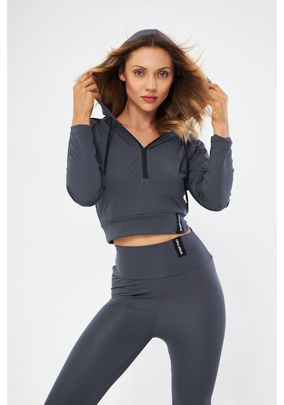 Lesa Wear Kapüşonlu Içi Polarlı Yumuşacık Şardonlu Kaşkorse Crop Likralı Sweatshirt Antrasit
