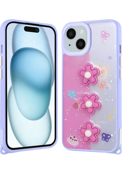 Apple Uyumlu iPhone 14 Plus Kılıf Parlayan Sıvılı Simli Kabartma Figürlü Zore Cevze Kapak-mor Pansm-ya Mor Pansm-ya