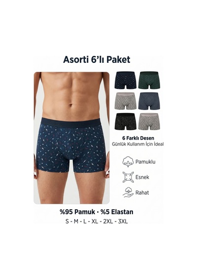 Hepsine Rakip Kota Erkek Baskılı Penye Boxer 6 Lı Paket Pamuklu Elastan Karışık Desenli KARIŞIK