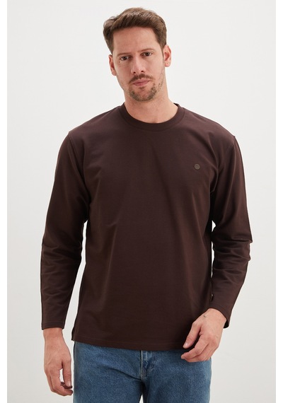 Fullamoda Baskılı Bisiklet Yaka Sweatshirt Kahve