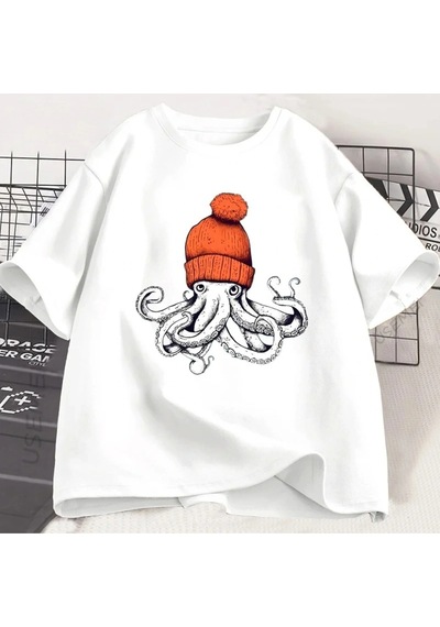 Startmore Beyaz Ahtapot Turuncu Bere Japon Tarzı Grafik Tees Yuvarlak Boyun Le Beyaz
