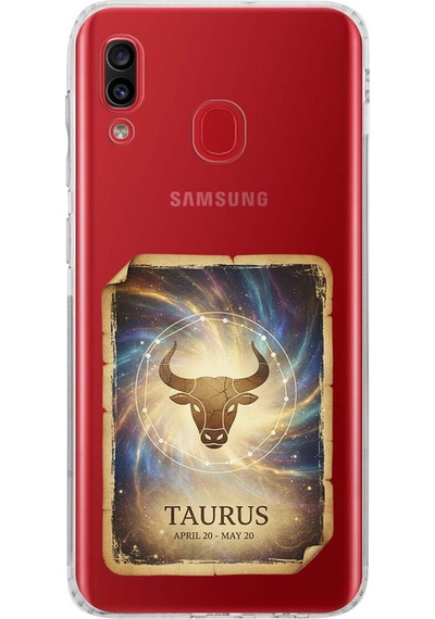 Samsung Galaxy A30 İle Uyumlu Burç Kartları Boğa Tasarımlı Şeffaf Silikon Kılıf Şeffaf