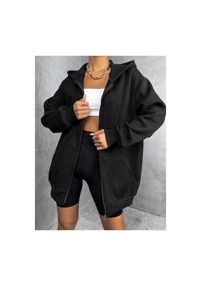 Tarzsokak Unisex Renkli Oversize Kapüşonlu Fermuarlı Hırka Siyah