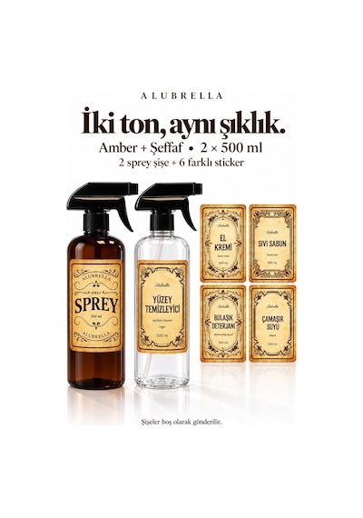 Alubrella 500 Ml Amber Ve Şeffaf Boş Sprey Şişe 2 Li Set Ve 6 Lı Etiket