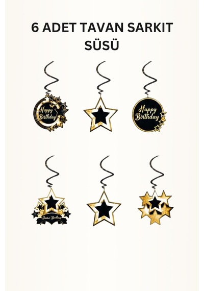 Siyah Gold Yıldız Temalı Doğum Günü Parti Seti İyi Ki Doğdun Banner, Tavan Süsü, Pasta Süsü, Gözlük Ve Mısır Kutusu Altın