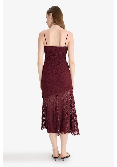 Defacto Bodycon Vücudu Saran Askılı Dantel Midi Elbise F7886ax25aubr204 Bordo