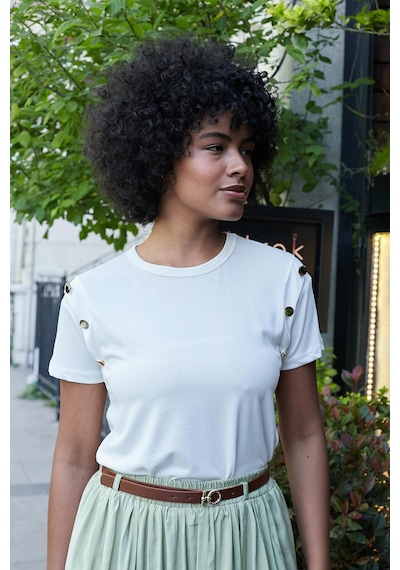 Jument Kadın Kaliteli Modal Kumaş Sıfır Yaka Düğme Aksesuarlı Kısa Kol T-shirt Bluz-krem Krem Jument Kadın Kaliteli Modal Kumaş Sıfır Yaka Düğme Aksesuarlı Kısa Kol T-shirt Bluz-krem Krem
