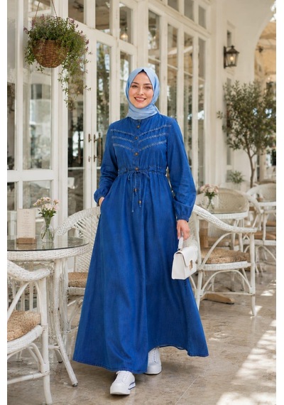 Hb Harma Time Butik Kadın Dantel Detaylı Düğmeli Belden Sıkmalı Cepli Mavi Kot Elbise