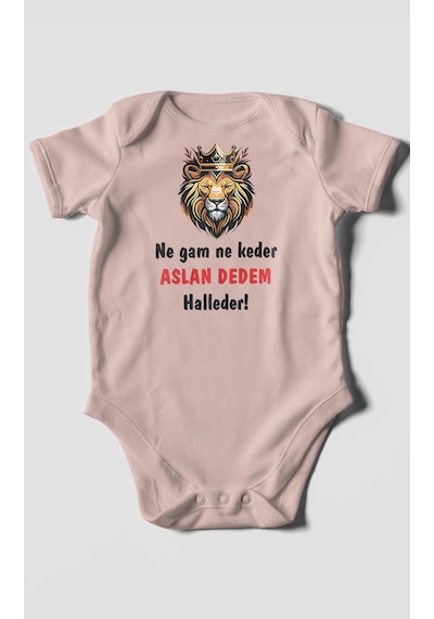 Ne Gam Ne Keder Aslan Dedem Halleder Baskılı Bebek Zıbını Çıtçıtlı Body %100 Pamuk Kısa Kol Pastel Pembe