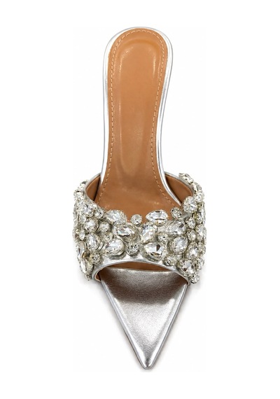 Papucumun Dünyası Kadın Gümüş Kristal Taşlı Sivri Burun Stiletto Mule Beyaz
