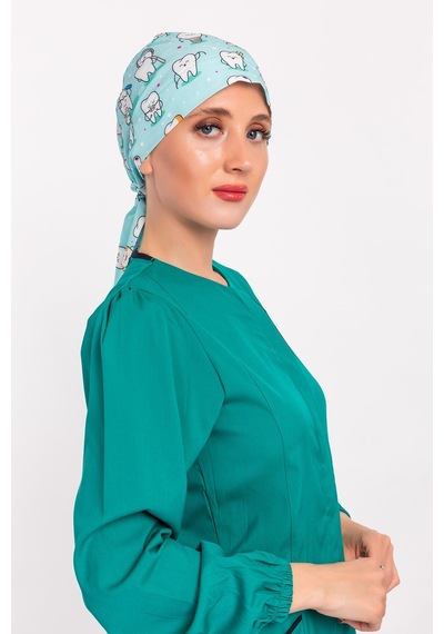 Yeşil Diş Desenli Tesettür Doktor Hemşire Hastane Aşçı Cerrahi B Yeşil