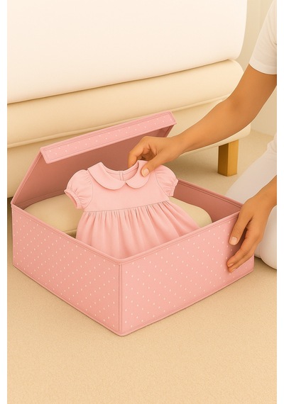 Serstil Sert Karton Pembe Puantiyeli Kapaklı Baza Altı Kutu Hurç Organizer Pembe Puantiye