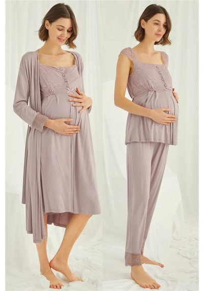 Monamise 18438440 Kadın Vizon Hamile Lohusa Seti Sabahlık Gecelik Pijama Takım