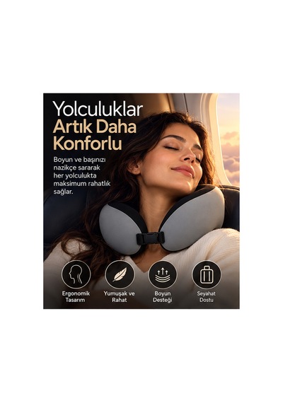 Seyahat Boyun Yastığı Hafızalı Süngerli Uçak, Otobüs Ve Araç İçin Ergonomik Boyun Destek Minderi Siyah - 931319316 Siyah