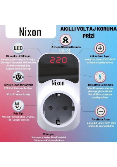 Nixon Premium Serisi 150/280v 16 Amper Ayarlanabilir Gerilim Ve Voltaj Korumalı Dijital Ekranlı Priz Yok
