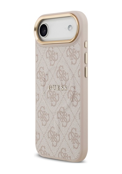 Apple Uyumlu iPhone 17 Air Kılıf Guess Lisanslı M-safe Şarjlı Gold Kamera Çerçeveli Pu Deri Yazı Logolu Pembe