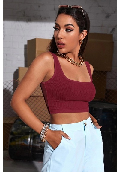 Kapsulavm Kadın Bordo Kalın Askılı Crop Top Büstiyer