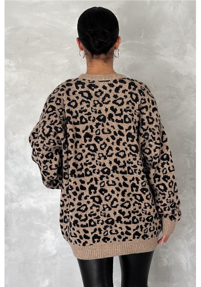 Femelle Kadın Kahverengi Leopar Desen Oversize Triko Hırka