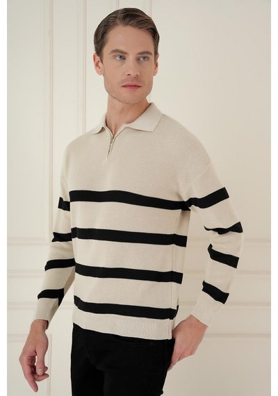 Efor Slim Fit Çizgili Fermuarlı Polo Yaka Bej Triko Kazak Tr 877 Bej