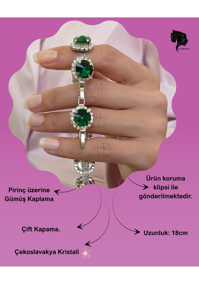 Riviere Kristal Taşlı Çiçek Model Yeşil Renkli Bileklik