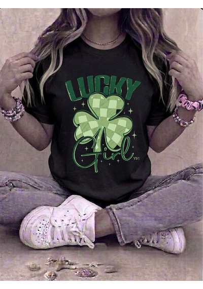 Kadın Lucky Girl Yonca Baskılı Kompakt T-shirt Siyah