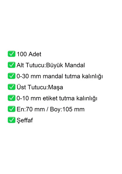 Etiket Tutucu / Maşalı / Büyük Mandal / Şeffaf / 70x105 Mm / 1 Koli:100 Adet