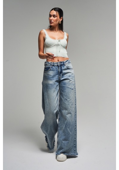 Itsbasic Kadın Kot Rengi 12s5-32 Palazzo Fit Paça Püsküllü %100 Koton Orta Bel Denim Jean Kot Rengi 12s5-84