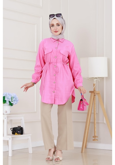 Sevitli Cep Kapaklı Beli Bağcıklı Tunik-pembe-5155 Pembe