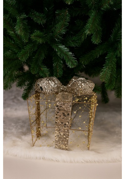 25x25 Cm Yılbaşı Hediye Paketi Metal Süs - Gold Gümüş Payetli Boncuklu Lüks Noel Ağaç Altı Dekorasyonu Diğer