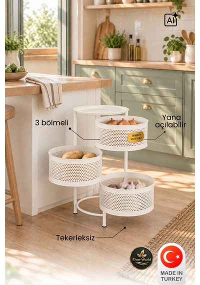 River World Tekerleksiz Rengi Krem Açılabilen 3 Katlı Çok Amaçlı Metal Raf Mutfak, Balkon, Kiler Çok Renkli