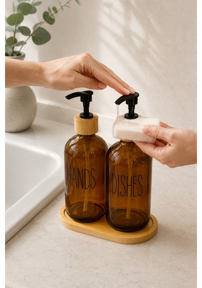 Relly Bambu Standlı İkili Cam Sabunluk Seti 2 X 500 Ml Hands & Dıshes Amber