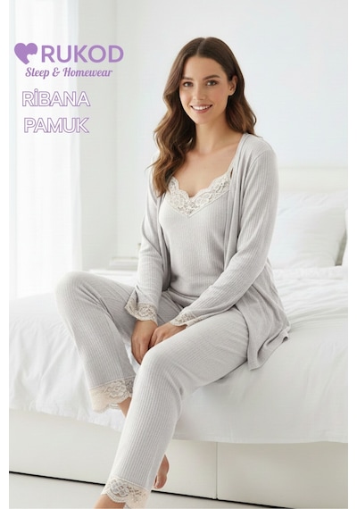 Rukod Kadın Açık Gri Ribana Fitilli Dantelli 3'lü Sabahlıklı İp Askılı Pijama Takımı Seti Açık Gri