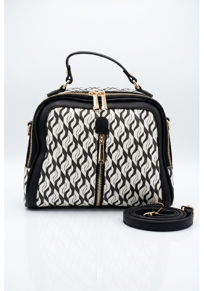 Armine Trend Önden Fermuarlı El Ve Omuz Çantası Siyah Zigzag Desen Arm180
