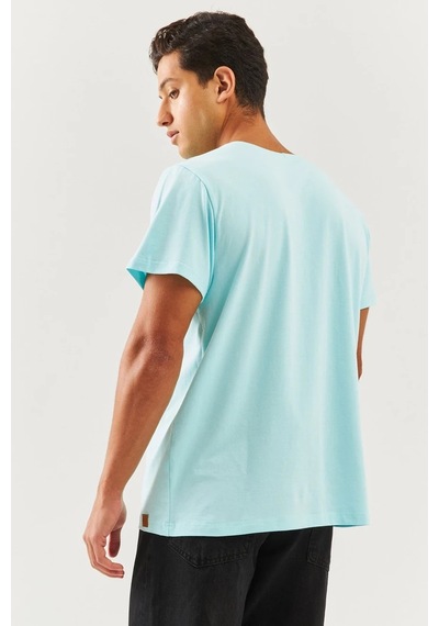 Erkek Oversize Rahat %100 Pamuklu Penye Bisiklet Yaka Kısa Kol Basic T-shirt Buz Mavisi
