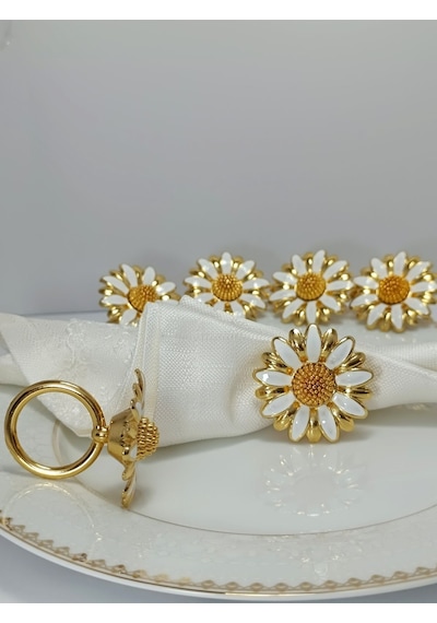 Parıltı Home Collection 6'lı Papatya Beyaz Mineli Gold Halka Peçete Yüzüğü Gold Beyaz