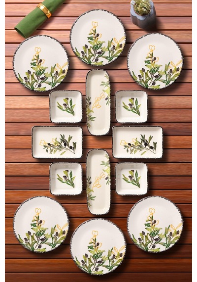 14 Parça 6 Kişilik Handmade Zeytin Kahvaltı Takımı - Lüx Kahvaltılık Sunum Seti Yeşil