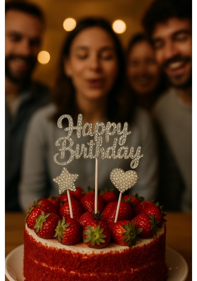 Happy Birthday Taşlı Pasta Süsü 3 Lü Set Gümüş Kalp Ve Yıldızlı Işıltılı Doğum Günü Dekoru