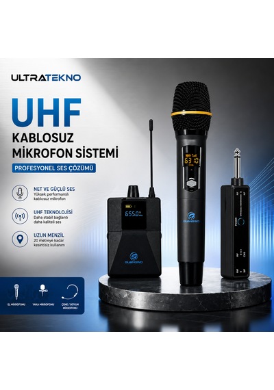 Ultratekno Uhf Kablosuz Mikrofon Seti El Yaka Çene Mikrofonlu 6.5 Mm Alıcılı 3.5 Mm Çeviricili Şarjlı Profesyonel Ses Sistemi