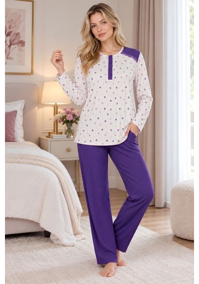 Mecit Pijama Mecit 6415 Mor Kadın Büyük Beden Sabahlık Pijama Gecelik Set