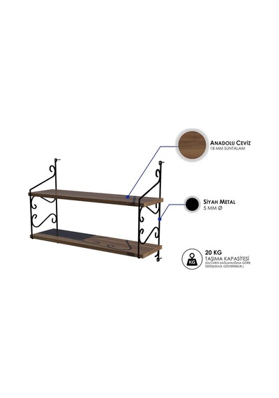 Decormet Seramoni Raf Seti 2 Raflı 200 720 Ceviz Çok Renkli