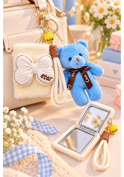 Peluş Fiyonk Detaylı Cep Aynası Anahtarlık Ve Peluş Ayıcık Set Kawaii Çanta Charmı Makyaj Aynası-b Çok Renkli