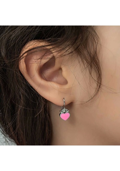 Gümüş Pembe Kalp Sallantılı Çocuk Küpe Çok Renkli