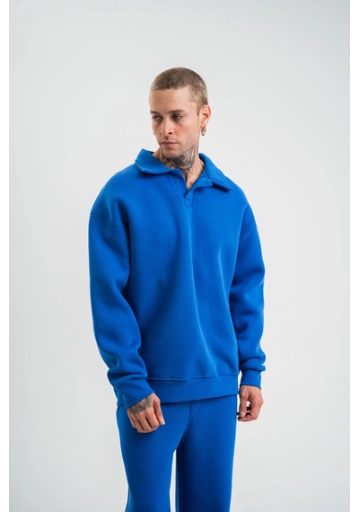 Erkek Patlı Yaka Üç İplik Pamuklu Sweatshirt Double Oversize Rahat Kalıp Günlük Kullanım - Mavi Mavi