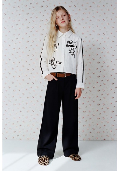 Magu Kız Çocuk Pamuklu Ekru Baskılı Gömlek Ve Siyah Kumaş Pantolon Takım Çok Renkli