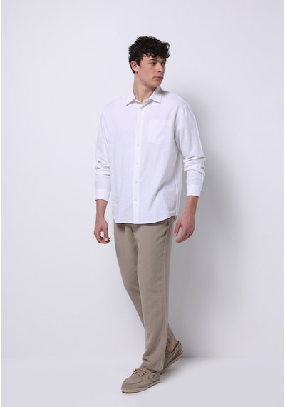 Colin's Colins Relaxed Fit Shirt Neck Düz Erkek Keten Karışımlı Beyaz Uzun Kol Gömlek Cl1074490 Q1.v2 Wht Beyaz