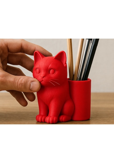 3d Baskı Kedi Figürlü Kalemlik - Masaüstü Organizer - Kırmızı Çok Renkli